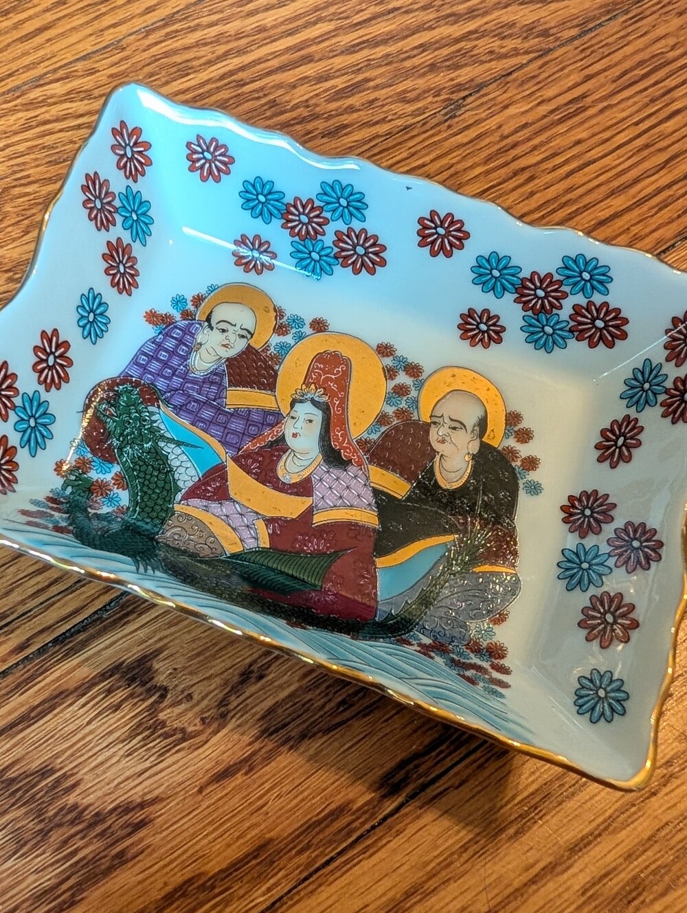 Vintage Japanese Ceramic Dish with Floral Motif and Figures